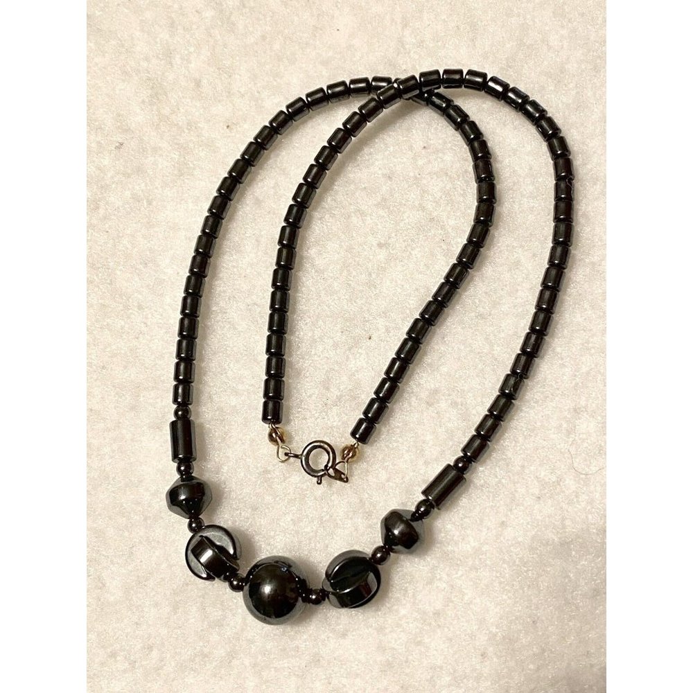 Hematite Beaded Necklace Unique Beads In Front 18” Stunning Vintage Handmade